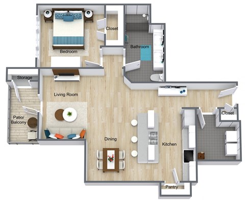 Floor plan for 1 bed, 1 bath, 827 sqft